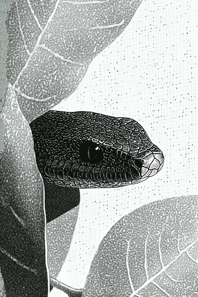 Midjourney generated image using SREF code Cosmic Contours: A black and white drawing of a snake on a leaf.