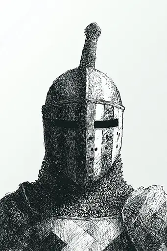 Midjourney generated image using SREF code Cosmic Contours: A black and white drawing of a knight wearing a helmet.