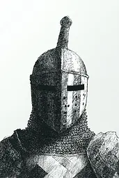 Midjourney generated image using SREF code Cosmic Contours: A black and white drawing of a knight wearing a helmet.