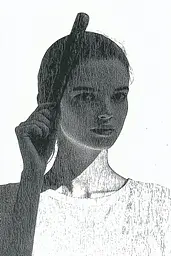 Midjourney generated image using SREF code Cosmic Contours: A black and white drawing of a woman talking on a cell phone.