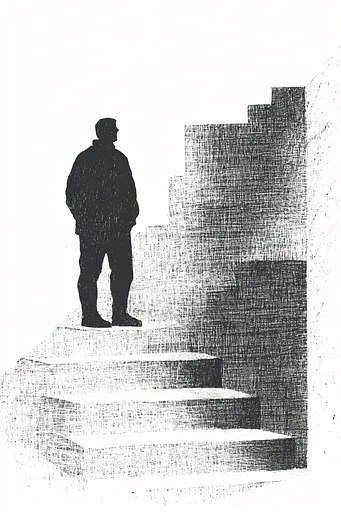 Midjourney generated image using SREF code Cosmic Contours: A man standing on a set of stairs. 