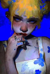 Midjourney generated image using SREF code Lurid Glint: A woman with blue and yellow paint on her face.