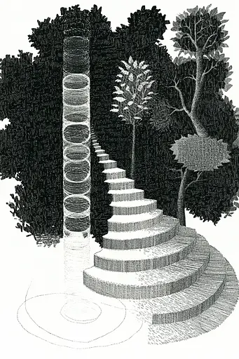 Midjourney generated image using SREF code Cosmic Contours: A black and white drawing of a set of stairs in a park.