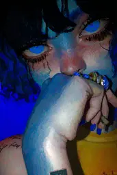 Midjourney generated image using SREF code Lurid Glint: A woman with blue eyes holding a cigarette in her mouth.