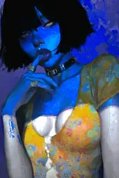 Midjourney generated image using SREF code Lurid Glint: A painting of a woman smoking a cigarette.