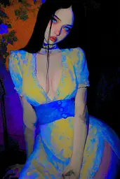 Midjourney generated image using SREF code Lurid Glint: A painting of a woman in a yellow dress.
