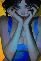 Midjourney generated image using SREF code Lurid Glint: A painting of a woman with blue eyes covering her face.