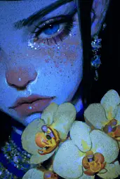 Midjourney generated image using SREF code Lurid Glint: A close up of a woman's face with flowers in her hair.