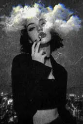 Midjourney generated image using SREF code Lurid Glint: A woman smoking a cigarette in front of a cityscape.