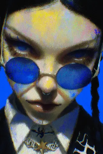 Midjourney generated image using SREF code Lurid Glint: A close up of a person wearing a pair of blue glasses.