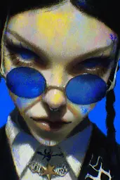 Midjourney generated image using SREF code Lurid Glint: A close up of a person wearing a pair of blue glasses.