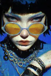 Midjourney generated image using SREF code Lurid Glint: A woman wearing a blue shirt and yellow sunglasses.