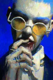 Midjourney generated image using SREF code Lurid Glint: A painting of a man with a cigarette in his mouth.