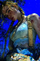Midjourney generated image using SREF code Lurid Glint: A woman in a white top and blue shorts in the water.