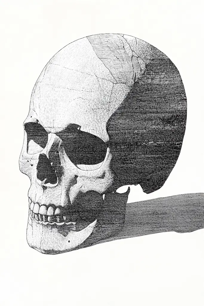 Midjourney generated image using SREF code Cosmic Contours: A black and white drawing of a human skull.