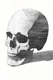 Midjourney generated image using SREF code Cosmic Contours: A black and white drawing of a human skull.