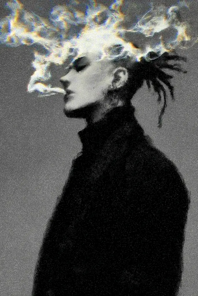 Midjourney generated image using SREF code Lurid Glint: A woman with a fire in her hair. 