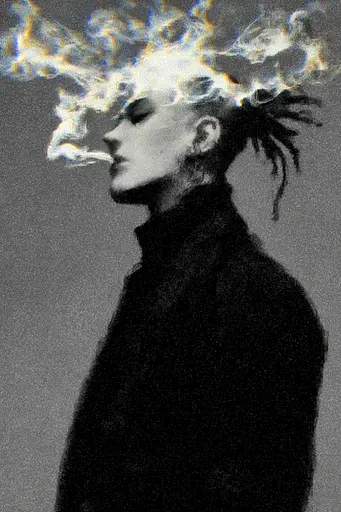 Midjourney generated image using SREF code Lurid Glint: A woman with a fire in her hair. 