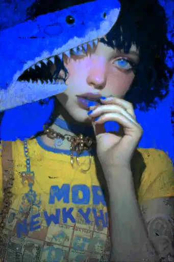 Midjourney generated image using SREF code Lurid Glint: A woman with a shark hat on her head smoking a cigarette.