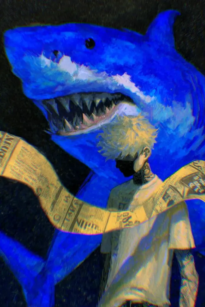 Midjourney generated image using SREF code Lurid Glint: A man holding a newspaper in front of a shark.