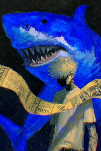 Midjourney generated image using SREF code Lurid Glint: A man holding a newspaper in front of a shark.