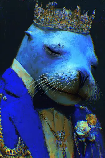 Midjourney generated image using SREF code Lurid Glint: A seal wearing a blue suit and a gold crown.
