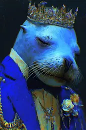 Midjourney generated image using SREF code Lurid Glint: A seal wearing a blue suit and a gold crown.