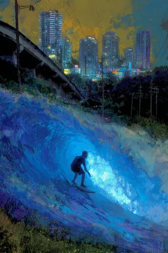 Midjourney generated image using SREF code Lurid Glint: A man riding a wave on top of a surfboard in the ocean.