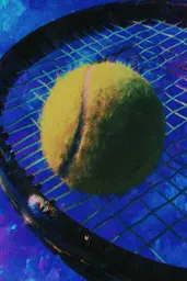 Midjourney generated image using SREF code Lurid Glint: A tennis ball sitting on top of a tennis racket.