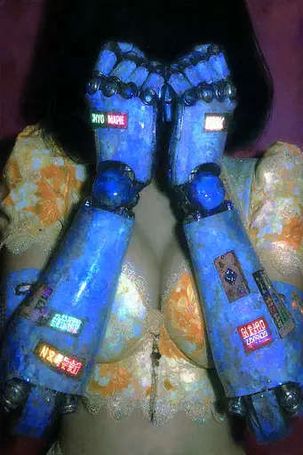 Midjourney generated image using SREF code Lurid Glint: A woman in a bikini with a pair of blue robots on her hands.