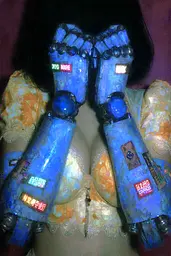 Midjourney generated image using SREF code Lurid Glint: A woman in a bikini with a pair of blue robots on her hands.
