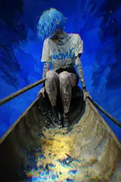 Midjourney generated image using SREF code Lurid Glint: A woman with blue hair sitting in a canoe.