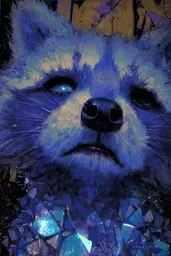 Midjourney generated image using SREF code Lurid Glint: A painting of a raccoon with blue eyes.