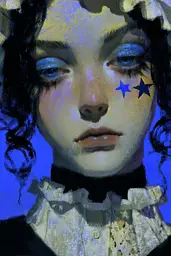 Midjourney generated image using SREF code Lurid Glint: A woman with blue eyes and stars painted on her face.