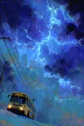 Midjourney generated image using SREF code Lurid Glint: A painting of a bus driving under a stormy sky.