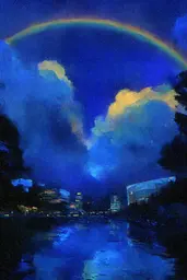 Midjourney generated image using SREF code Lurid Glint: A painting of a rainbow in the sky over a river.