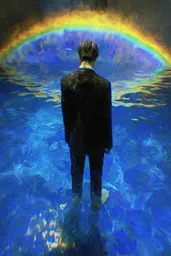 Midjourney generated image using SREF code Lurid Glint: A man in a suit standing in front of a rainbow.