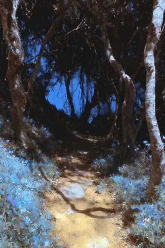 Midjourney generated image using SREF code Lurid Glint: A painting of a path through a forest with blue flowers.