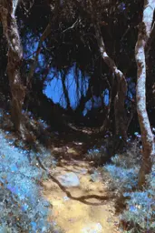 Midjourney generated image using SREF code Lurid Glint: A painting of a path through a forest with blue flowers.