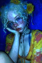 Midjourney generated image using SREF code Lurid Glint: A woman with a flower in her hair and glasses.