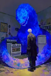 Midjourney generated image using SREF code Lurid Glint: A man standing in a kitchen next to a giant blue monster.