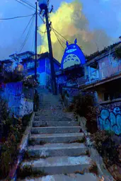 Midjourney generated image using SREF code Lurid Glint: A set of stairs leading up to a blue building with a totoro on it.