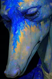 Midjourney generated image using SREF code Lurid Glint: A painting of a horse with blue and yellow paint on it's face.
