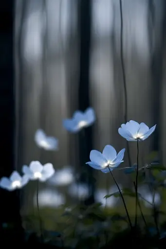 Midjourney generated image using SREF code Whispering Silhouettes: A group of white flowers in a forest.