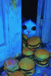 Midjourney generated image using SREF code Lurid Glint: A white cat peeking out from behind a door with hamburgers.