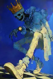 Midjourney generated image using SREF code Lurid Glint: A painting of a skeleton with a crown on his head.