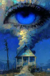 Midjourney generated image using SREF code Lurid Glint: A painting of a house with a blue eye in the middle of it.