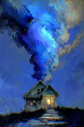 Midjourney generated image using SREF code Lurid Glint: A painting of a house with smoke coming out of it.