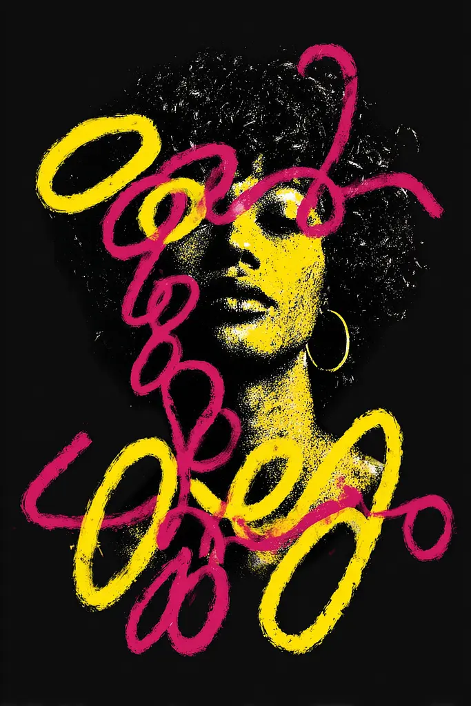 Midjourney generated image using SREF code Glyphfizz: A woman with an afro is shown in yellow and pink.