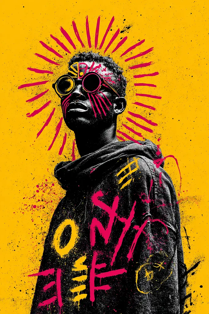 Midjourney generated image using SREF code Glyphfizz: A man wearing sunglasses standing in front of a yellow background.